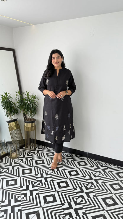 Cotton Collared Embroidered Kurta Pant Cord Set