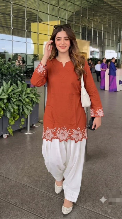 Cotton Corset-Style Top with Off-White Embroidered Farshi Salwar Set