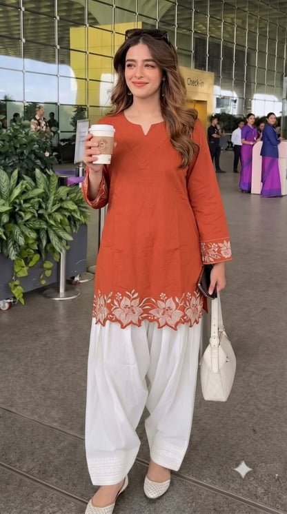 Cotton Corset-Style Top with Off-White Embroidered Farshi Salwar Set