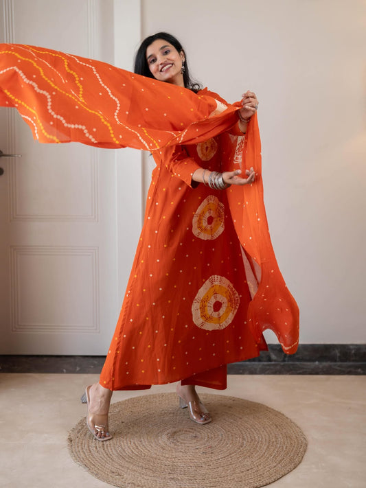 Cotton Discharge Print Kurti Pant Dupatta Set with Pocket
