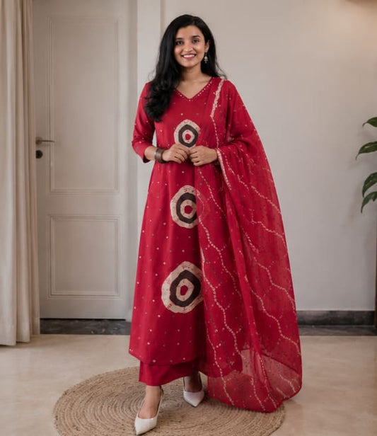 Cotton Discharge Print Kurti Pant Dupatta Set with Pocket