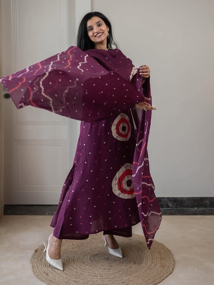 Cotton Discharge Print Kurti Pant Dupatta Set with Pocket