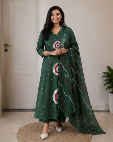 Cotton Discharge Print Kurti Pant Dupatta Set with Pocket
