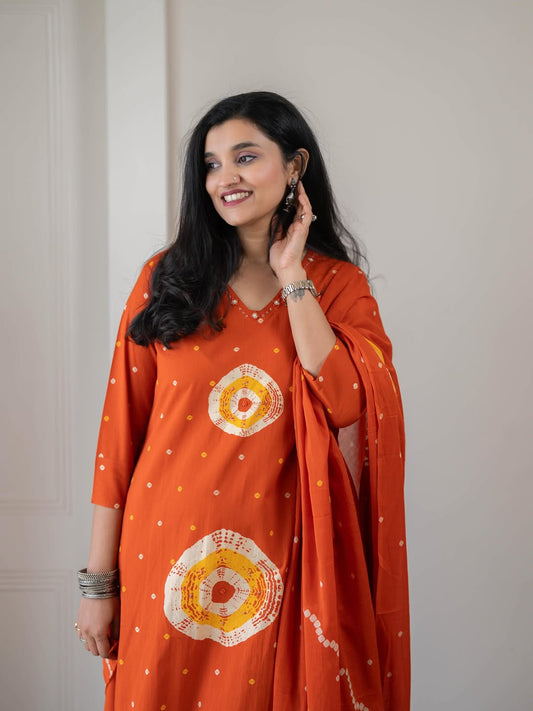 Cotton Discharge Print Kurti Pant Dupatta Set with Pocket