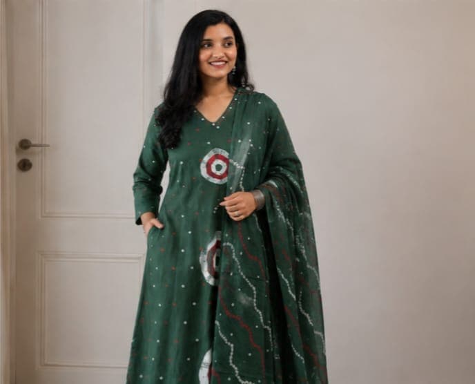 Cotton Discharge Print Kurti Pant Dupatta Set with Pocket