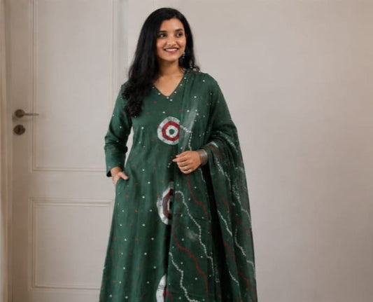 Cotton Discharge Print Kurti Pant Dupatta Set with Pocket