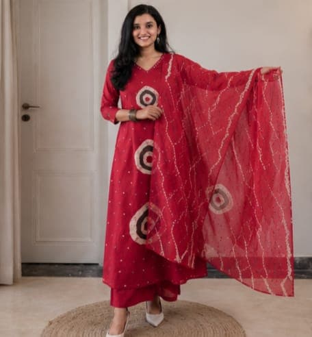 Cotton Discharge Print Kurti Pant Dupatta Set with Pocket