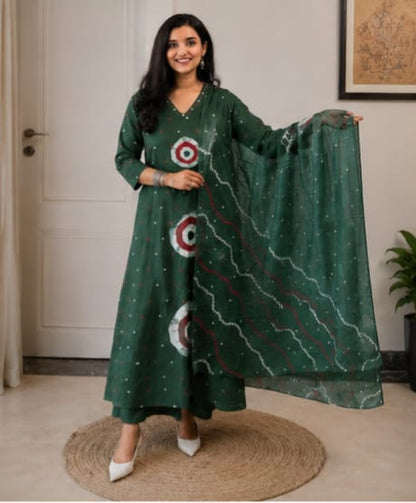 Cotton Discharge Print Kurti Pant Dupatta Set with Pocket