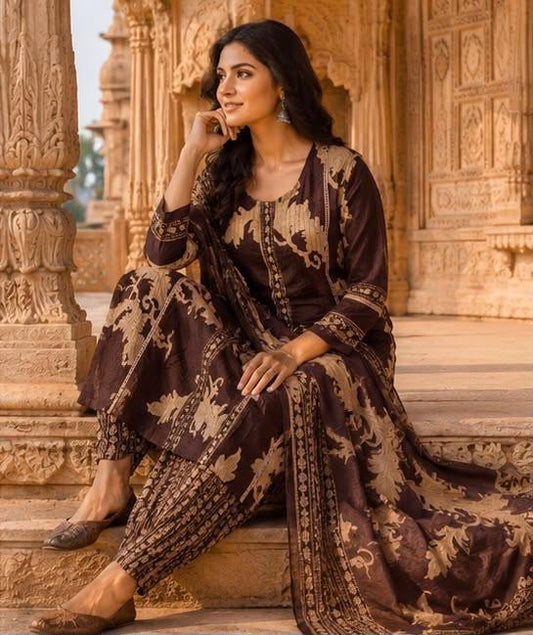 Cotton Discharge Printed Suit Set with Mal Mal Dupatta