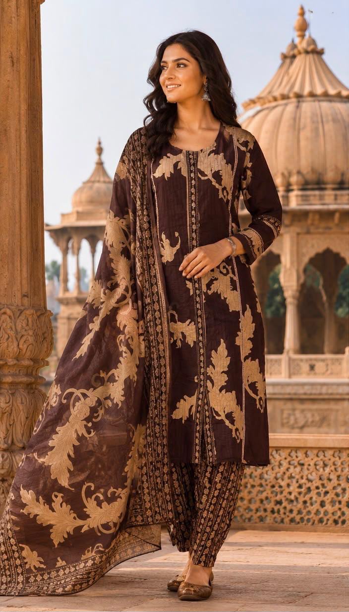 Cotton Discharge Printed Suit Set with Mal Mal Dupatta