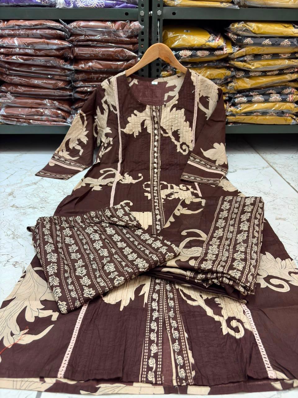 Cotton Discharge Printed Suit Set with Mal Mal Dupatta
