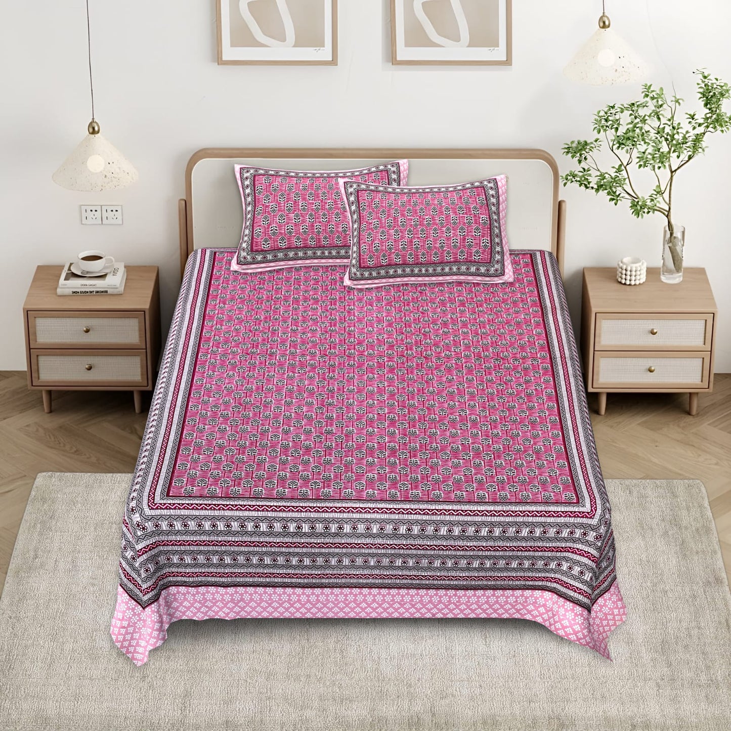 Cotton Double Bedsheet with 2 Pillow Covers – 90×108 Inches
