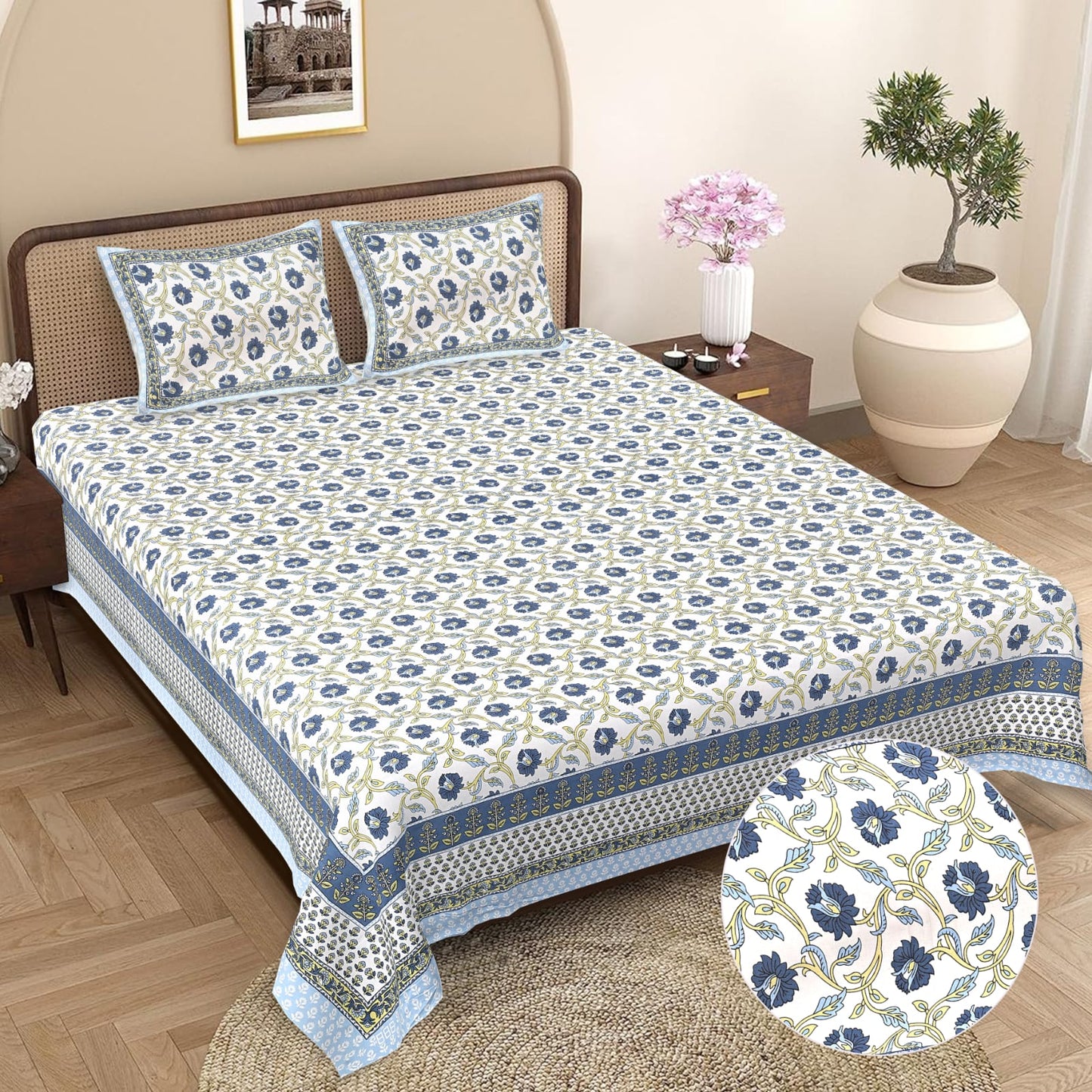 Cotton Double Bedsheet with 2 Pillow Covers – 90×108 Inches