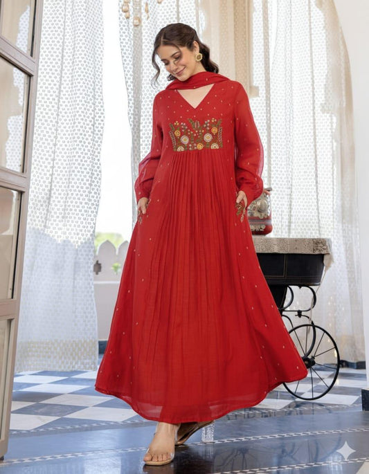 Cotton Embroidered Anarkali Kurta with Pant & Dupatta Set with Pocket