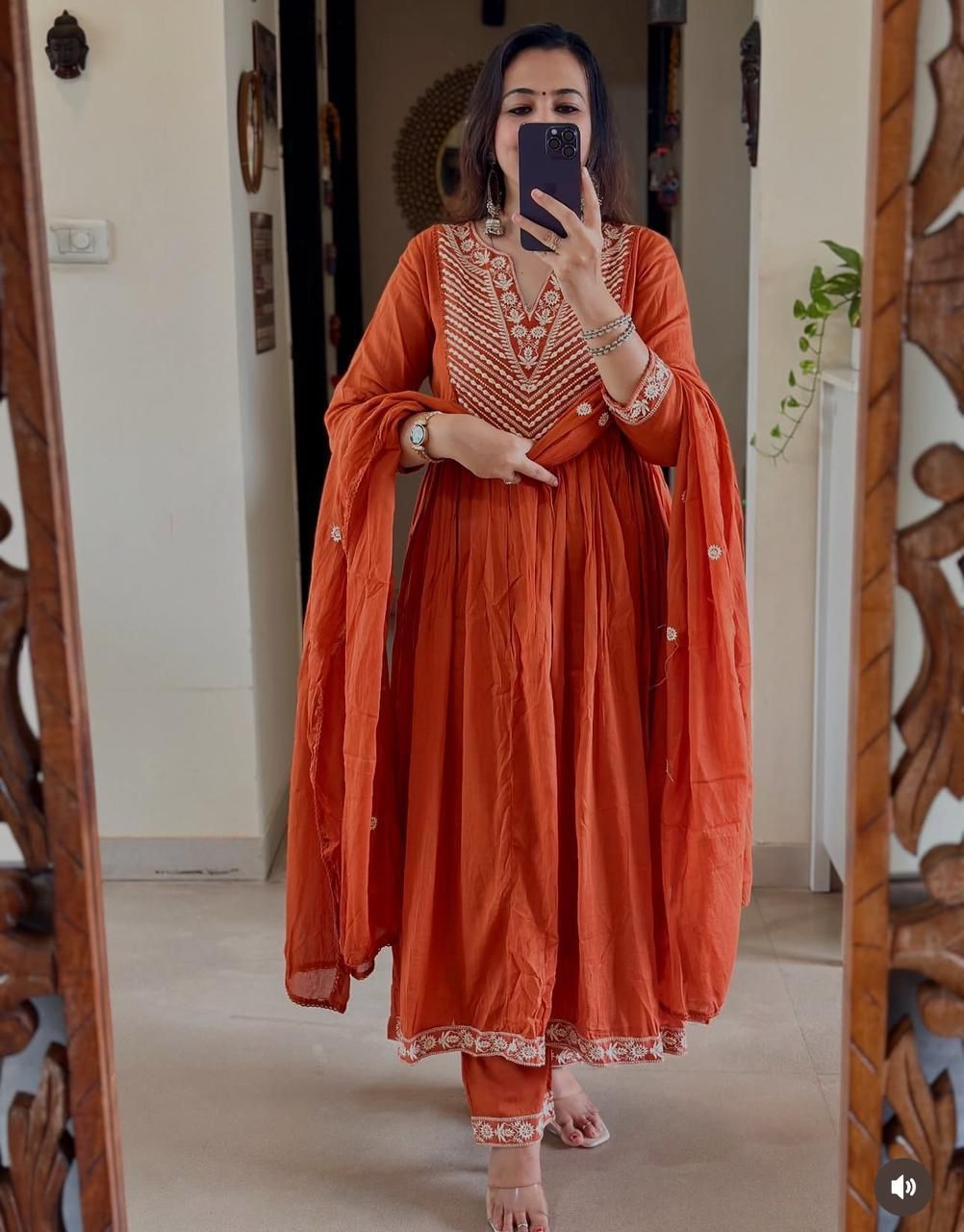 Cotton Embroidered Anarkali Suit Set with Pant & Dupatta