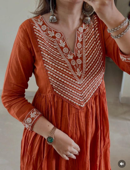 Cotton Embroidered Anarkali Suit Set with Pant & Dupatta