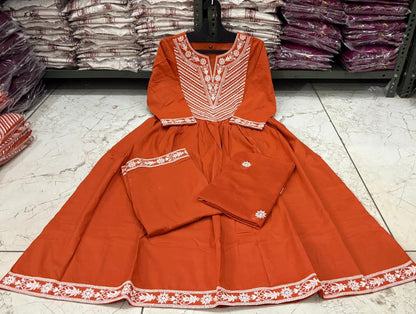 Cotton Embroidered Anarkali Suit Set with Pant & Dupatta