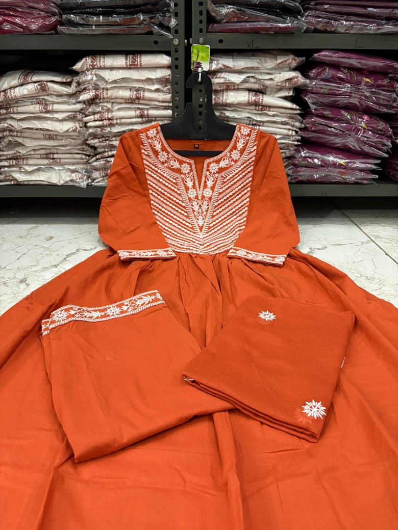 Cotton Embroidered Anarkali Suit Set with Pant & Dupatta