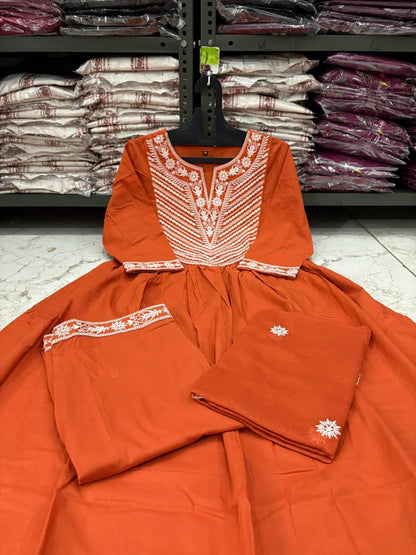 Cotton Embroidered Anarkali Suit Set with Pant & Dupatta