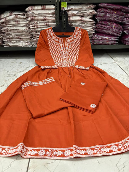 Cotton Embroidered Anarkali Suit Set with Pant & Dupatta