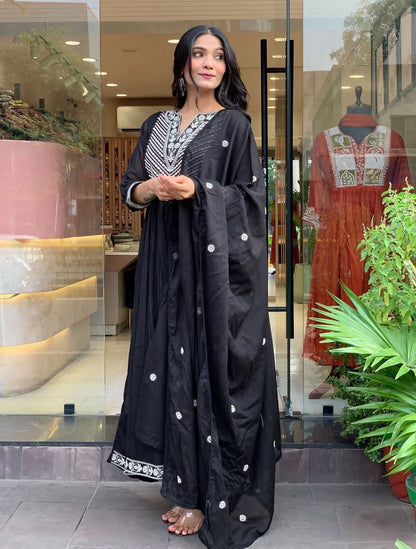 Cotton Embroidered Anarkali Suit Set with Pant & Dupatta