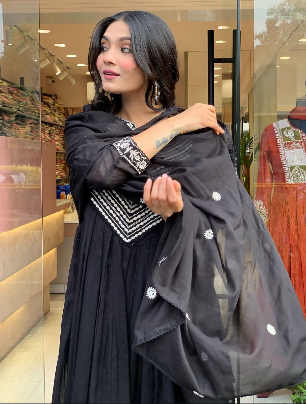 Cotton Embroidered Anarkali Suit Set with Pant & Dupatta