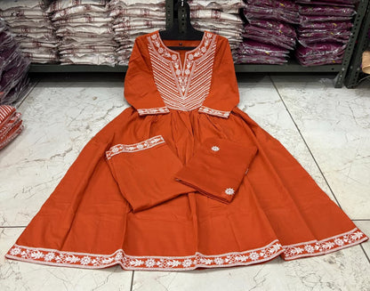 Cotton Embroidered Anarkali Suit Set with Pant & Dupatta