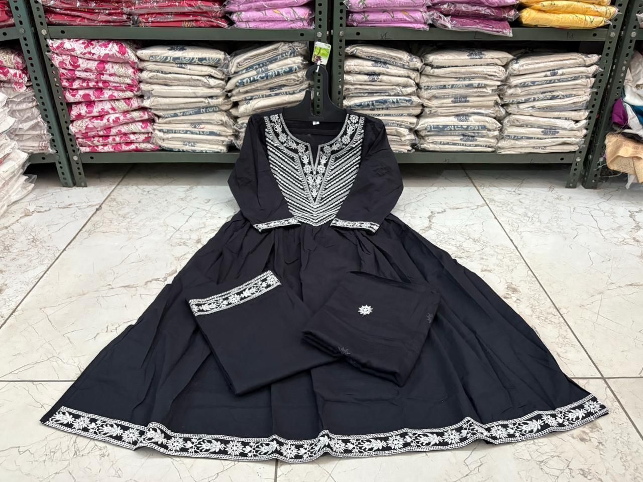 Cotton Embroidered Anarkali Suit Set with Pant & Dupatta