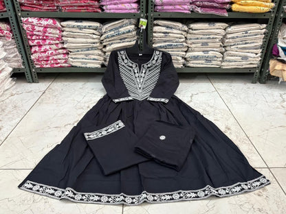 Cotton Embroidered Anarkali Suit Set with Pant & Dupatta