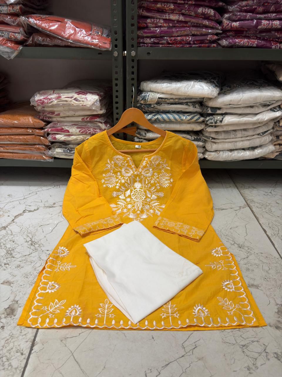 Cotton Embroidered Co-ord Set with Straight Kurti & Bottom
