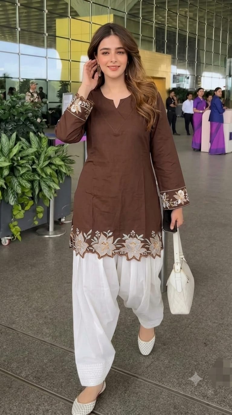 Cotton Embroidered Corset-Style Kurti with Off-White Farshi Salwar Set