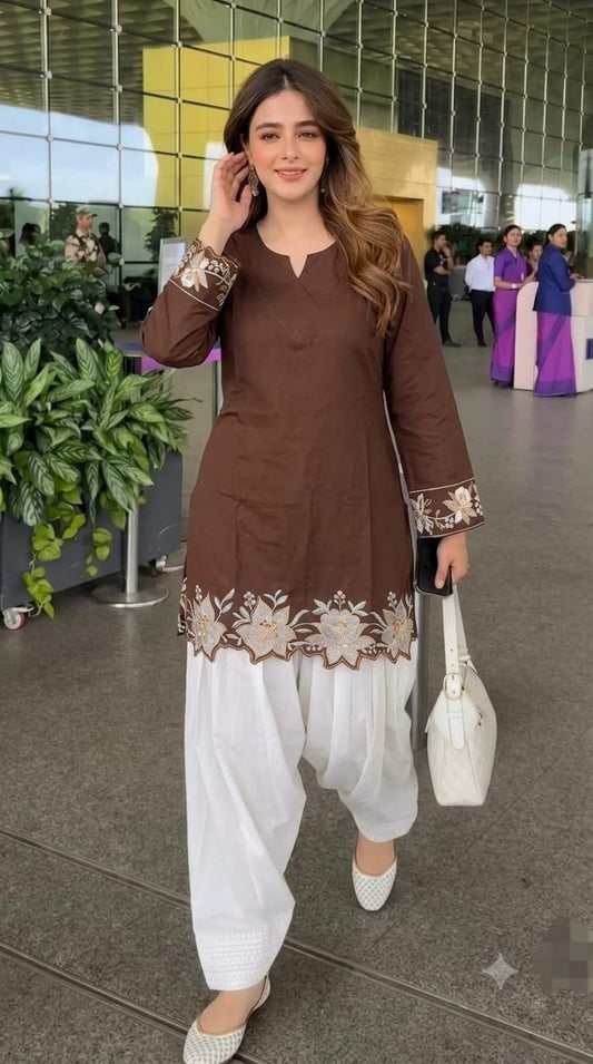 Cotton Embroidered Corset-Style Kurti with Off-White Farshi Salwar Set