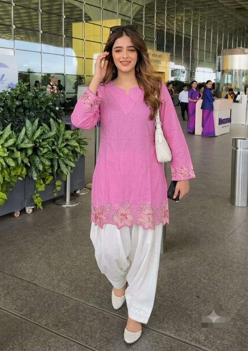 Cotton Embroidered Corset-Style Kurti with Off-White Farshi Salwar Set