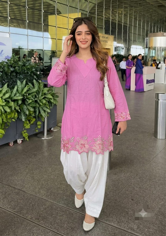Cotton Embroidered Corset-Style Kurti with Off-White Farshi Salwar Set