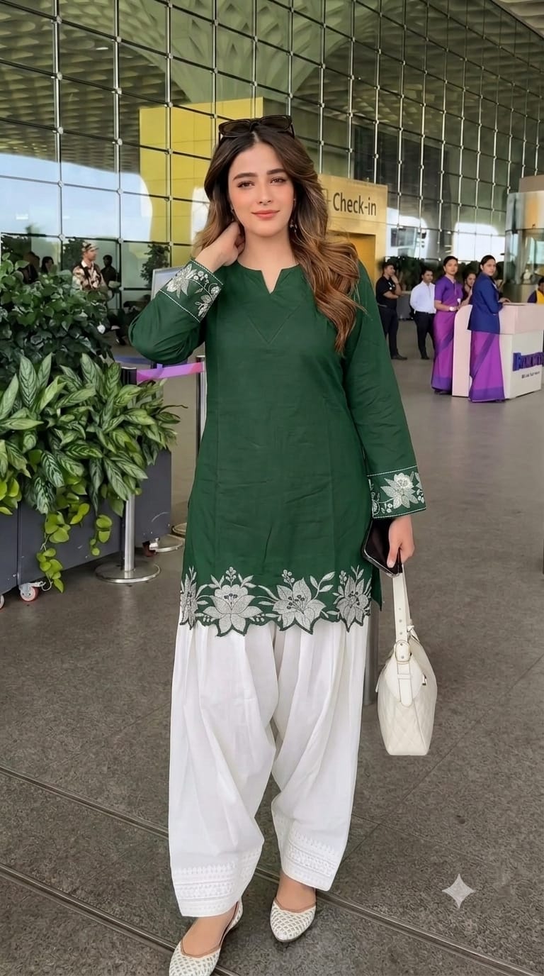 Cotton Embroidered Corset-Style Kurti with Off-White Farshi Salwar Set