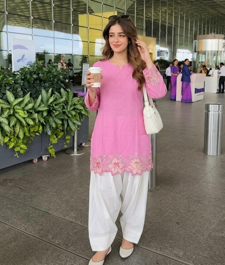 Cotton Embroidered Corset-Style Kurti with Off-White Farshi Salwar Set