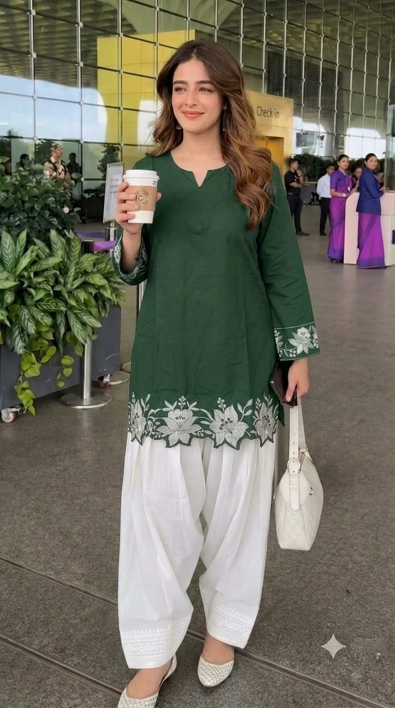 Cotton Embroidered Corset-Style Kurti with Off-White Farshi Salwar Set