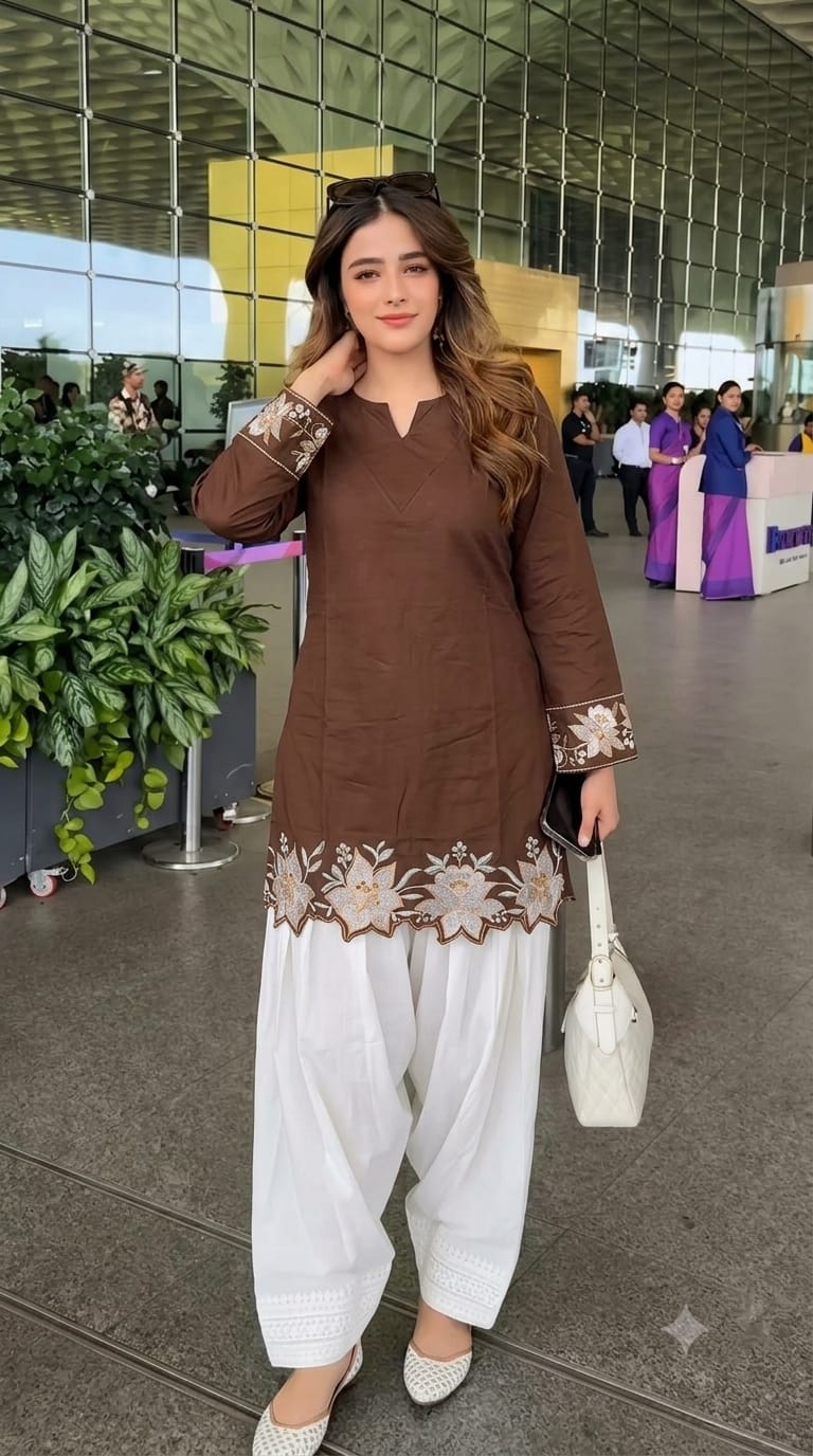 Cotton Embroidered Corset-Style Kurti with Off-White Farshi Salwar Set