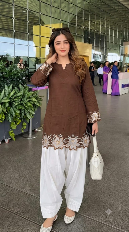 Cotton Embroidered Corset-Style Kurti with Off-White Farshi Salwar Set