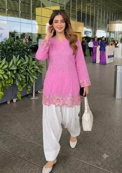 Cotton Embroidered Corset-Style Kurti with Off-White Farshi Salwar Set