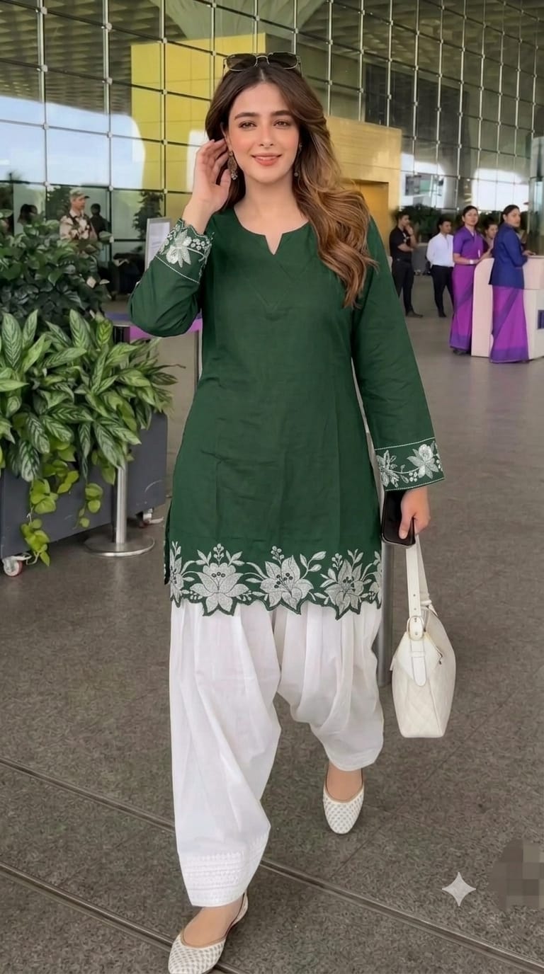 Cotton Embroidered Corset-Style Kurti with Off-White Farshi Salwar Set