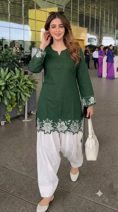 Cotton Embroidered Corset-Style Kurti with Off-White Farshi Salwar Set