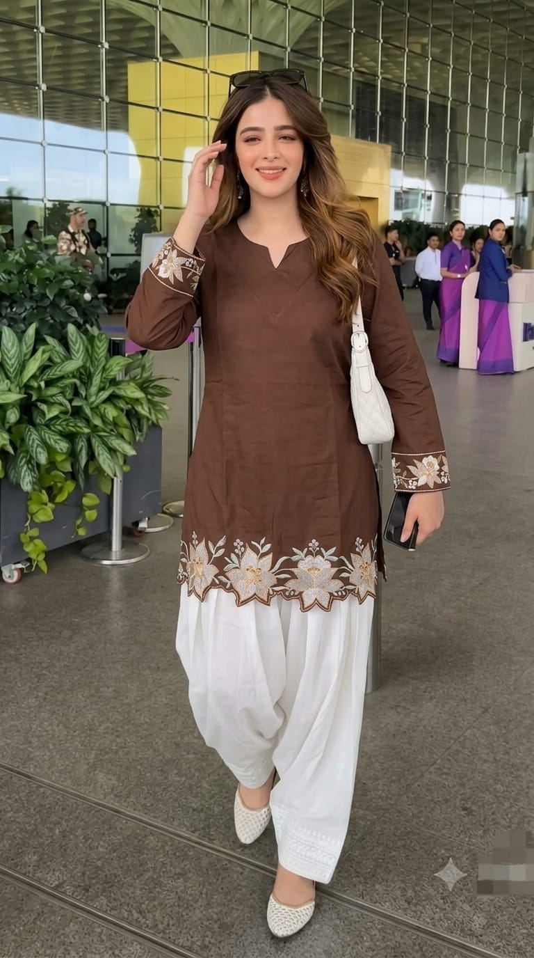Cotton Embroidered Corset-Style Kurti with Off-White Farshi Salwar Set
