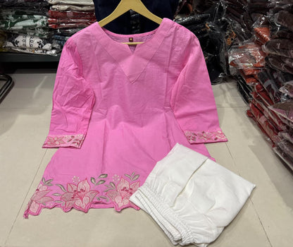 Cotton Embroidered Corset-Style Kurti with Off-White Farshi Salwar Set