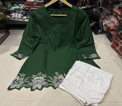 Cotton Embroidered Corset-Style Kurti with Off-White Farshi Salwar Set