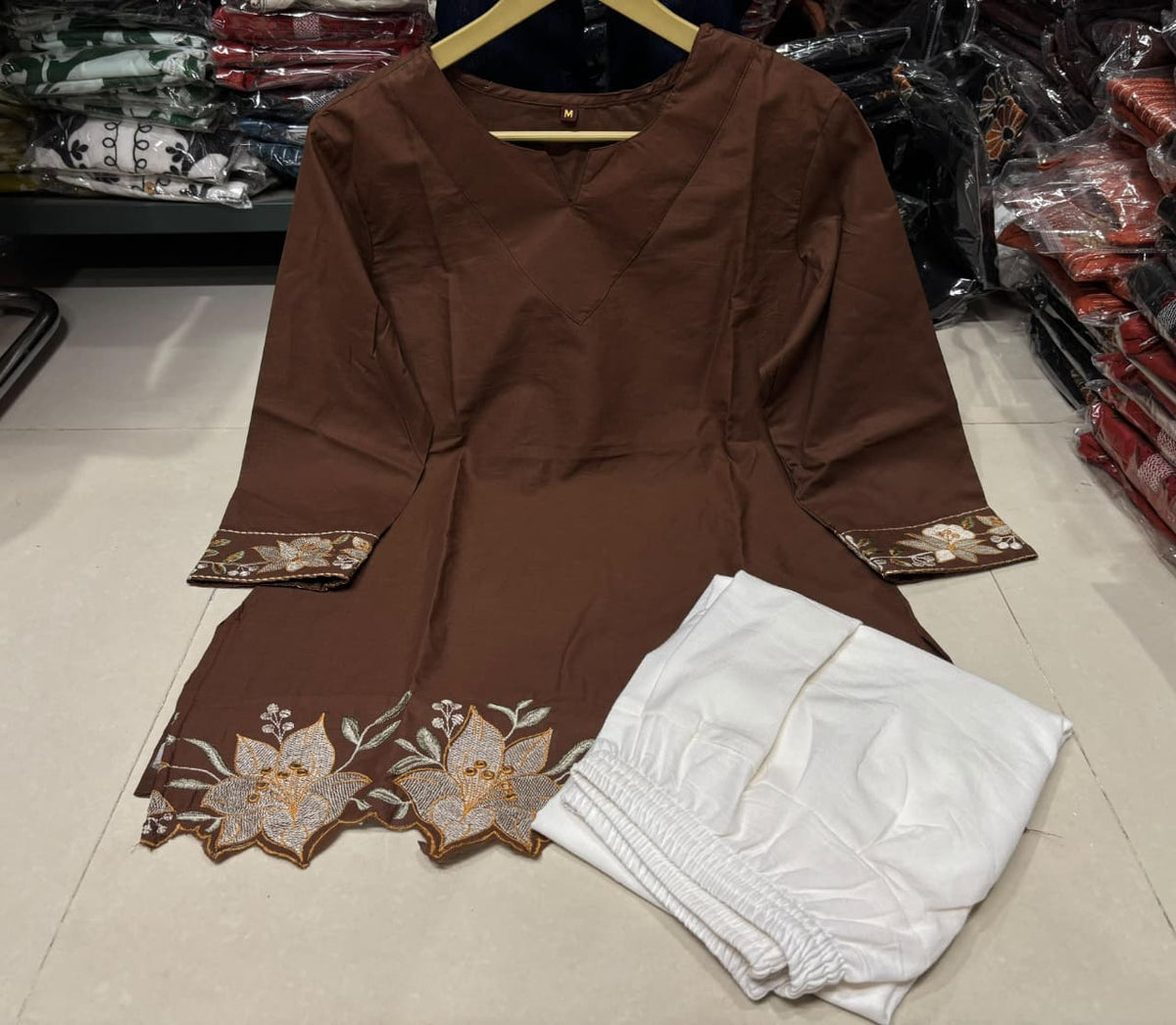 Cotton Embroidered Corset-Style Kurti with Off-White Farshi Salwar Set