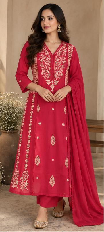 Cotton Embroidered Crochet Work A-Line Kurta Pant Dupatta Set