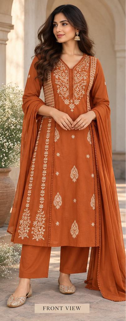 Cotton Embroidered Crochet Work A-Line Kurta Pant Dupatta Set