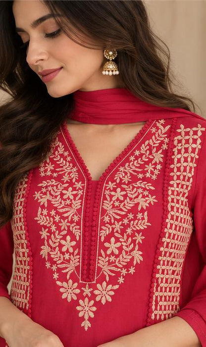 Cotton Embroidered Crochet Work A-Line Kurta Pant Dupatta Set