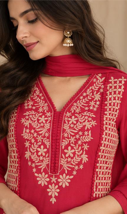 Cotton Embroidered Crochet Work A-Line Kurta Pant Dupatta Set